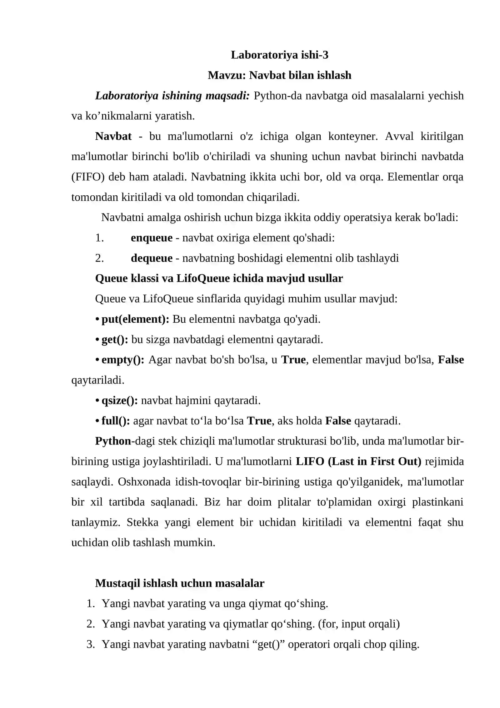 Navbat bilan ishlash Laboratoriya ishi-3 2