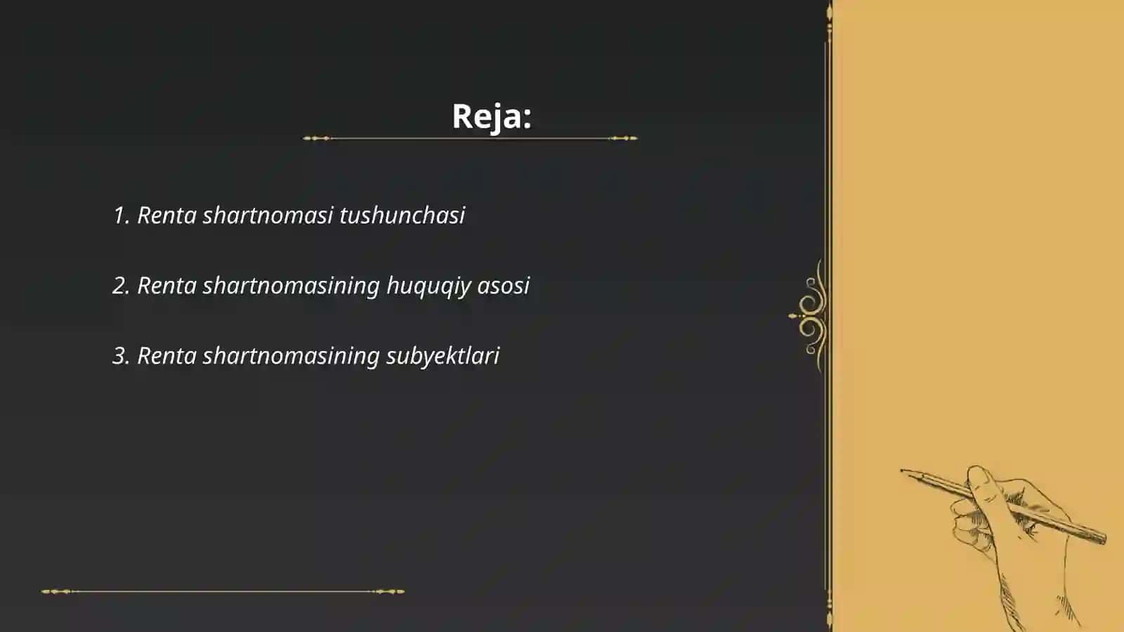 Fuqorolik xuquqida renta shartnomasi tuzilishi elementlari shartlari.Shartnoma loyihasi 2