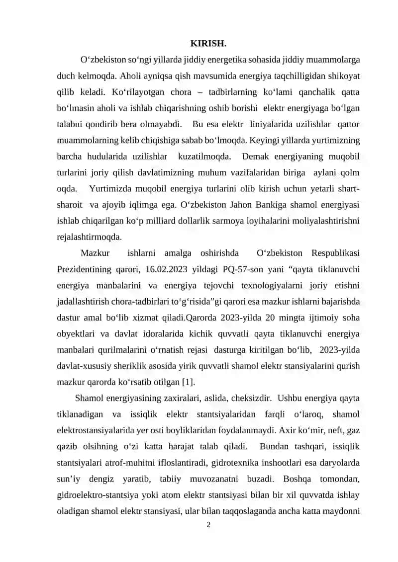 “SHAMOL ENERGETIK QURILMALARINING QUVVATLARINI VA ISHLAB CHIQARILADIGAN ELEKTR ENERGIYASNI HISOBLASH” 2