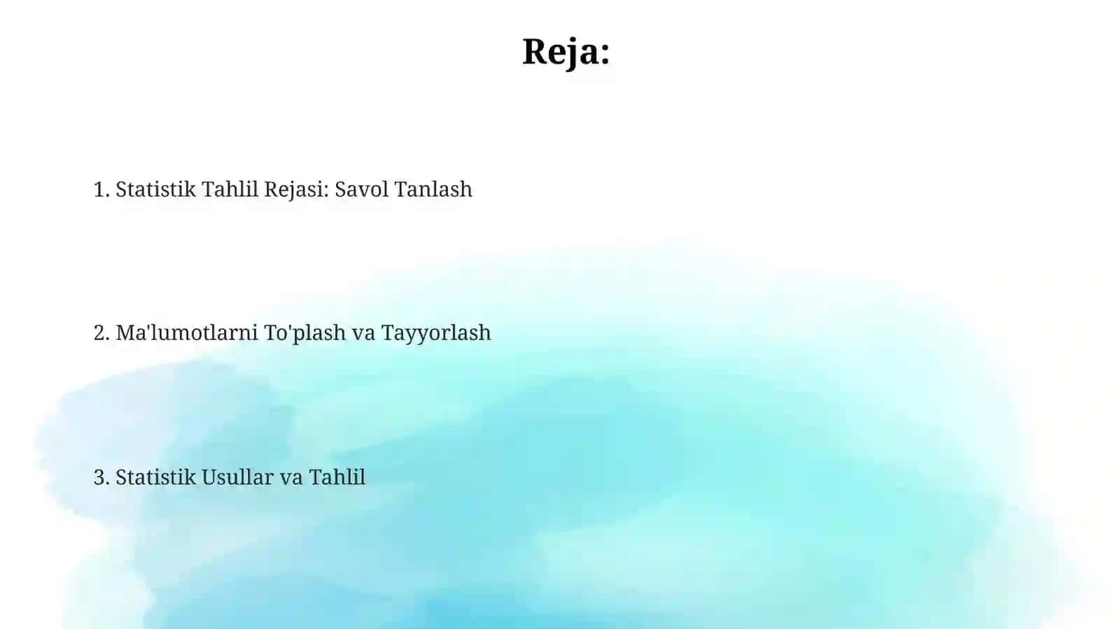 Statistik Tahlil Rejasi. Qayd etish uchun savollar 2