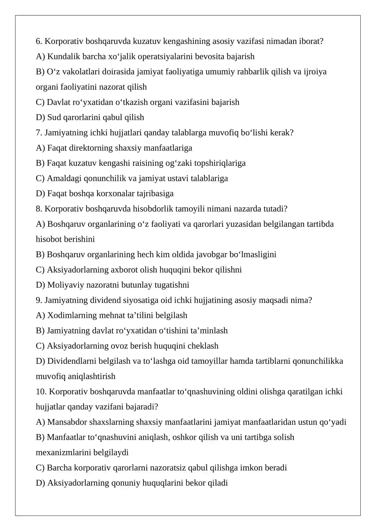 Korporativ boshqaruv tamoyillari va ichki hujjatlar ustav, umumiy yig‘ilish reglamenti va boshqa ichki hujjatlarning vazifasi. test.docx 2