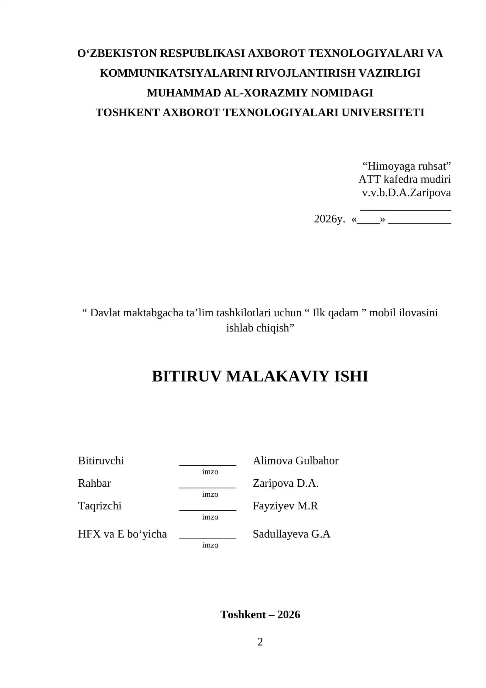 “ Davlat maktabgacha ta’lim tashkilotlari uchun “ Ilk qadam ” mobil ilovasini ishlab chiqish” BITIRUV MALAKAVIY ISHI 2