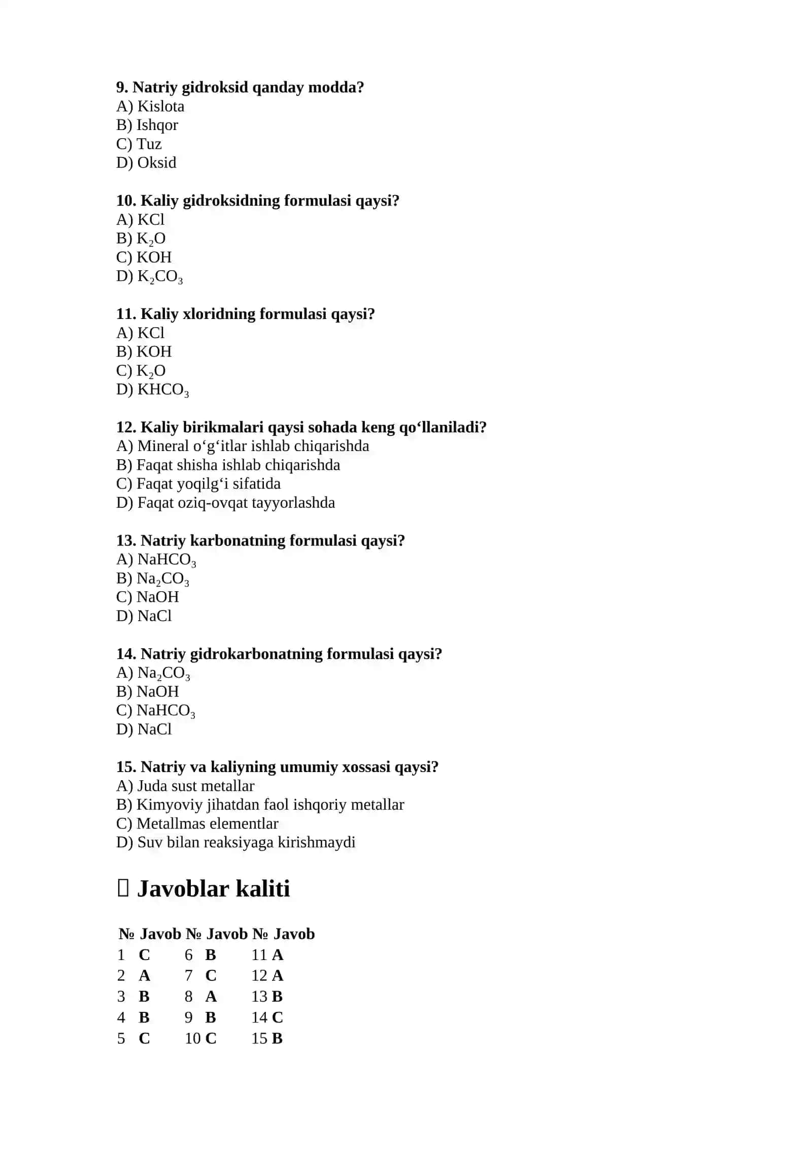 Natriy va Kaliyning Xossalari va Birikmalari Test 2