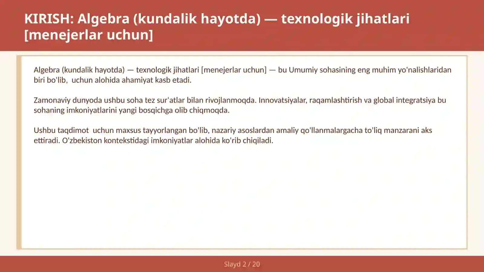 Algebra (KUNDALIK HAYOTDA) — TEXNOLOGIK JIHATLARI [MENEJERLAR UCHUN] 2