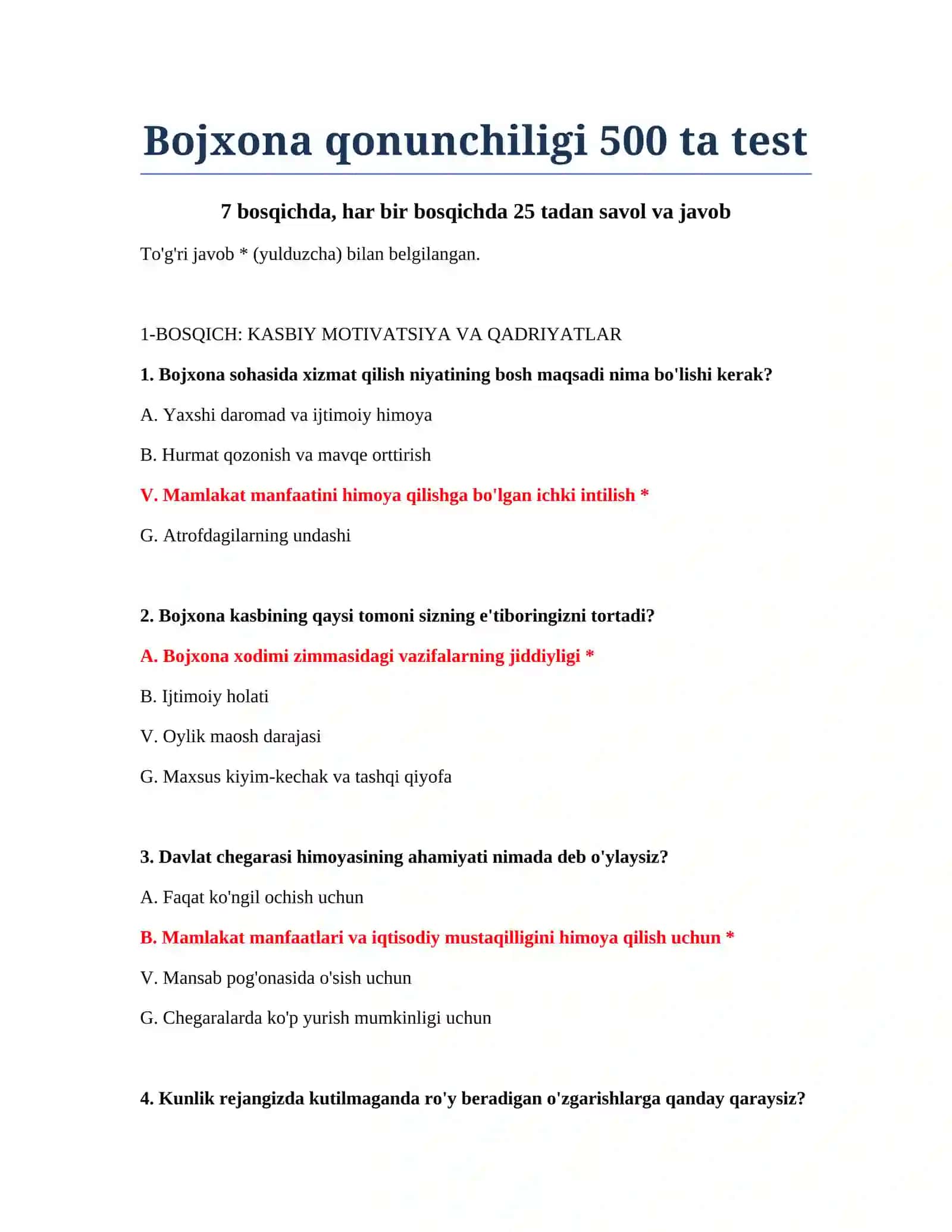 Bojxona qonunchiligi 500 ta test 2