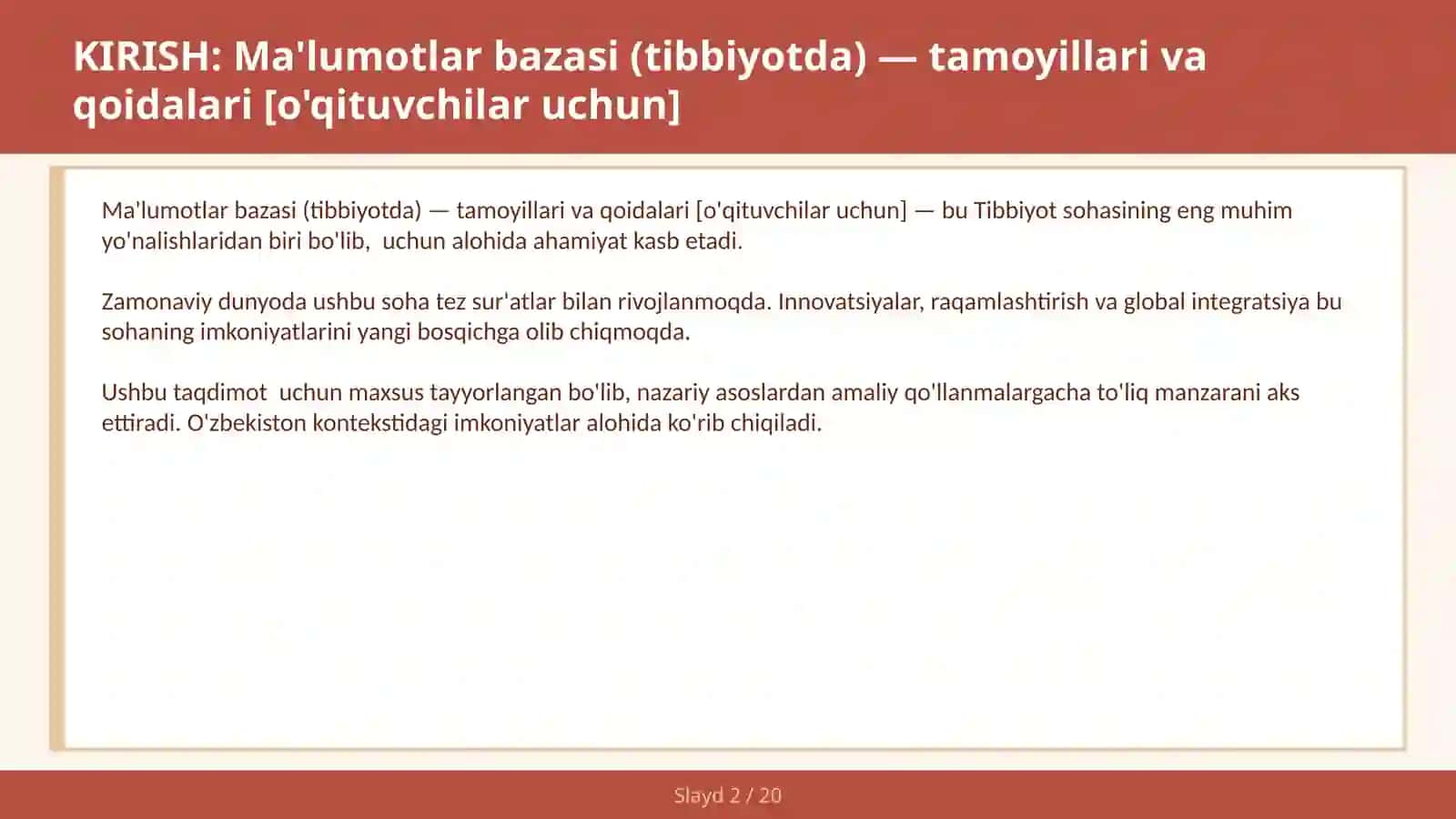 Ma'lumotlar bazasi (tibbiyotda) — tamoyillari va qoidalari [o'qituvchilar uchun] 2