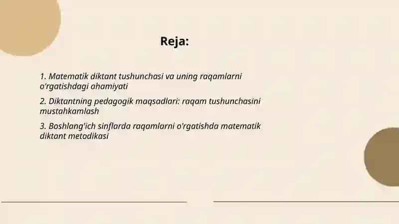 Matematik diktant tushunchasi va raqamlarni o'rgatish 2