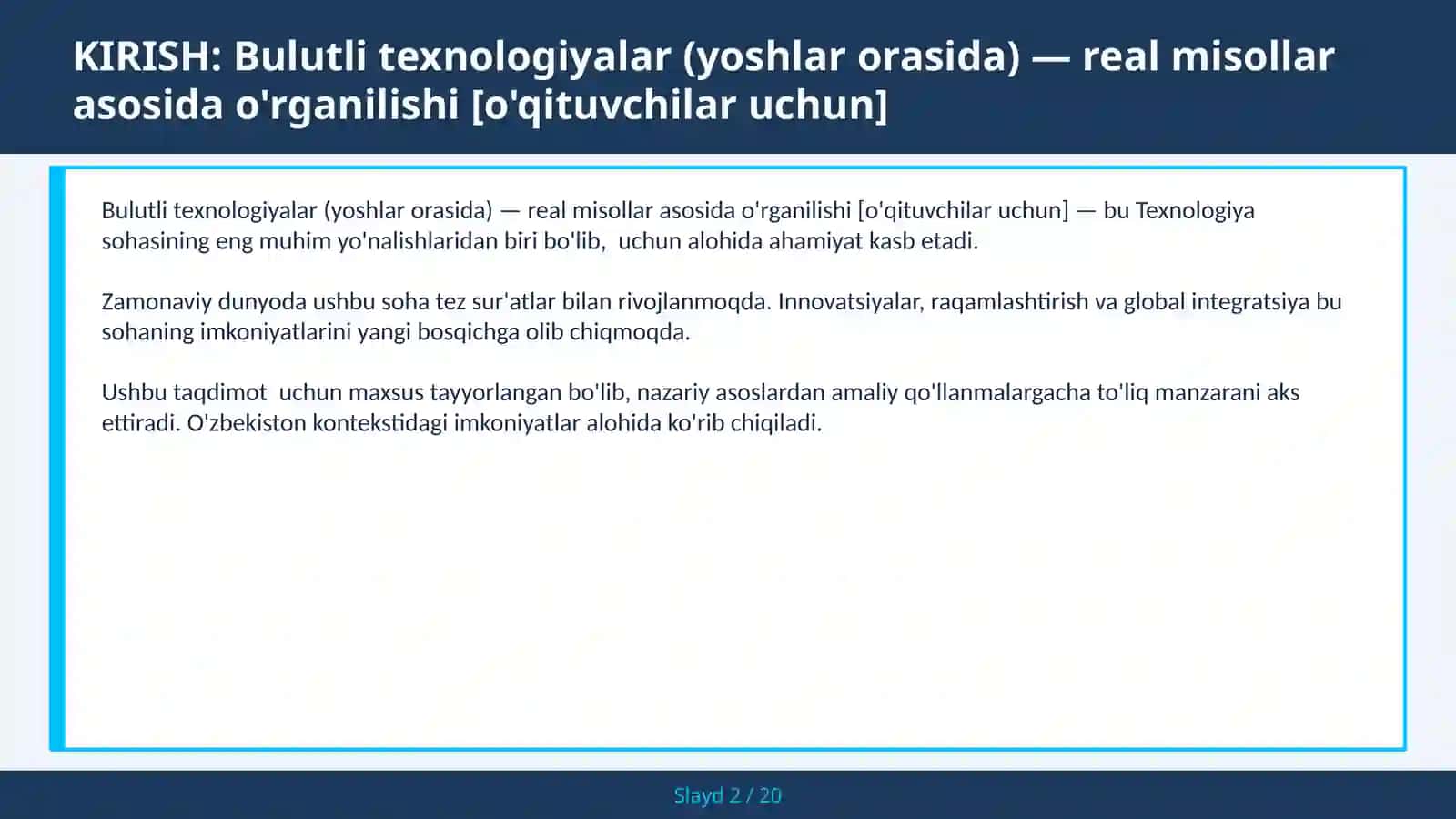Bulutli texnologiyalar (yoshlar orasida) — real misollar asosida o'rganilishi [o'qituvchilar uchun] 2