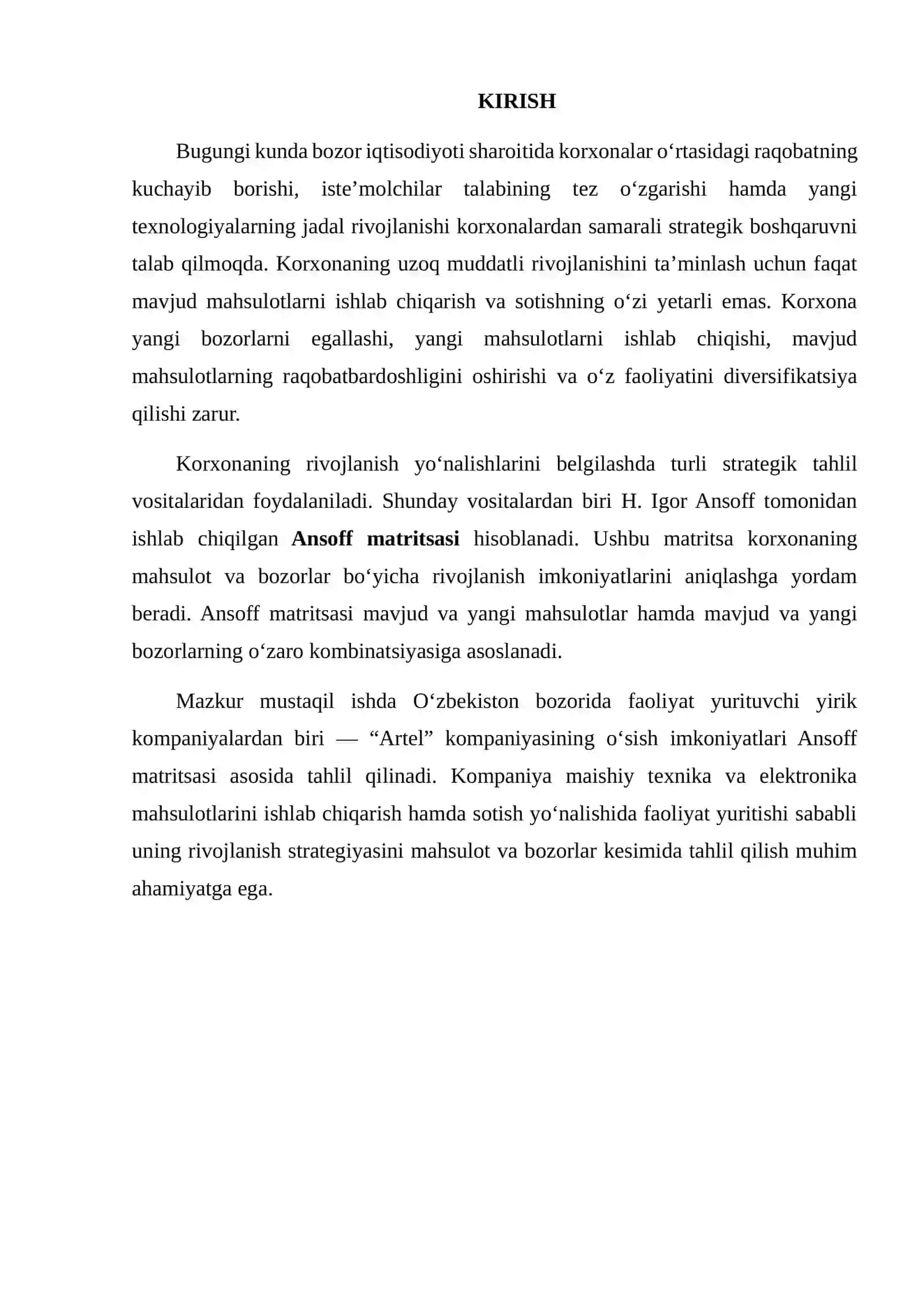 Korxona o‘sish strategiyasini Ansoff matritsiyasi asosida ishlab chiqish 2