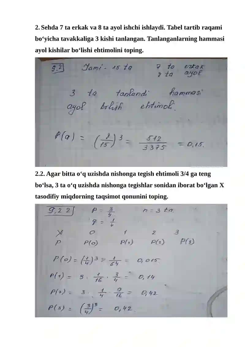 Ehtimollar Nazariyasi va Matematika statistika fanidan Amaliyot topshiriq 2