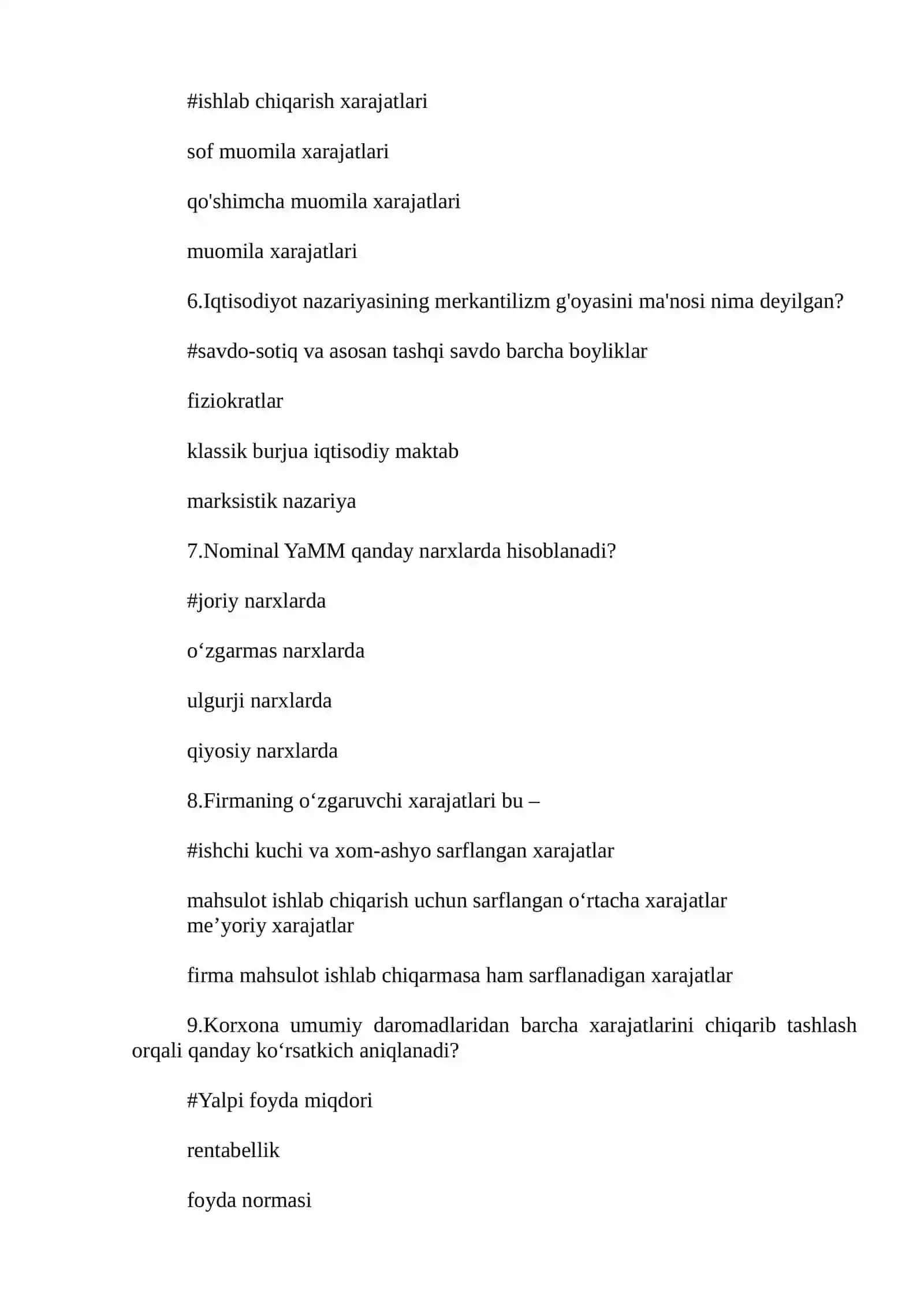 Iqtisodiyot nazariyasi 2 fanidan sessiya savol javoblari tes 2