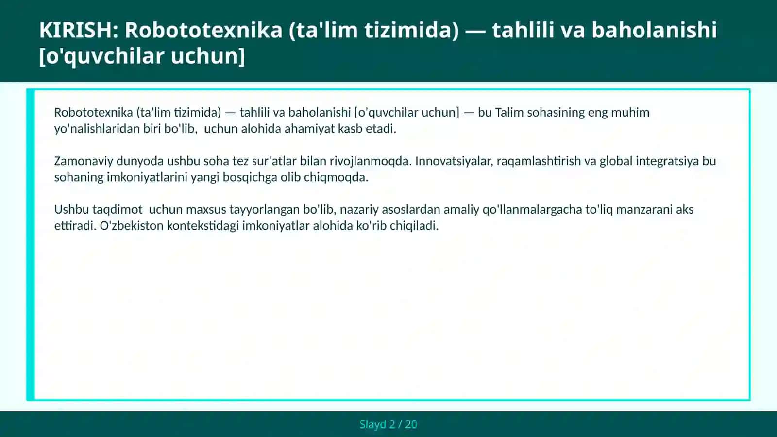 ROBOTOTEXNIKA (TA'LIM TIZIMIDA) — TAHLILI VA BAHOLANISHI [O'QUVCHILAR UCHUN] 2