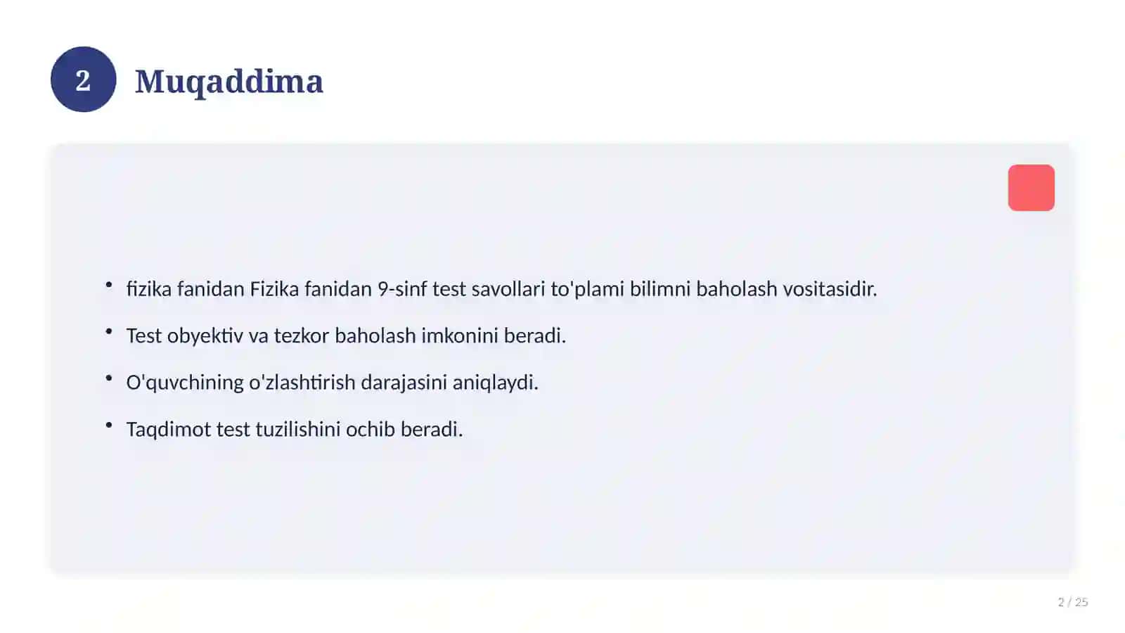 Fizika fanidan 9-sinf test savollari to'plami 2