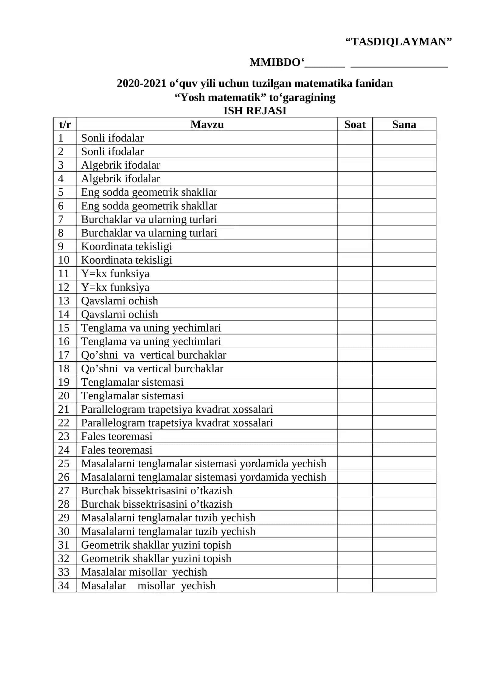“Yosh matematik” to‘garagining ISH REJASI 2