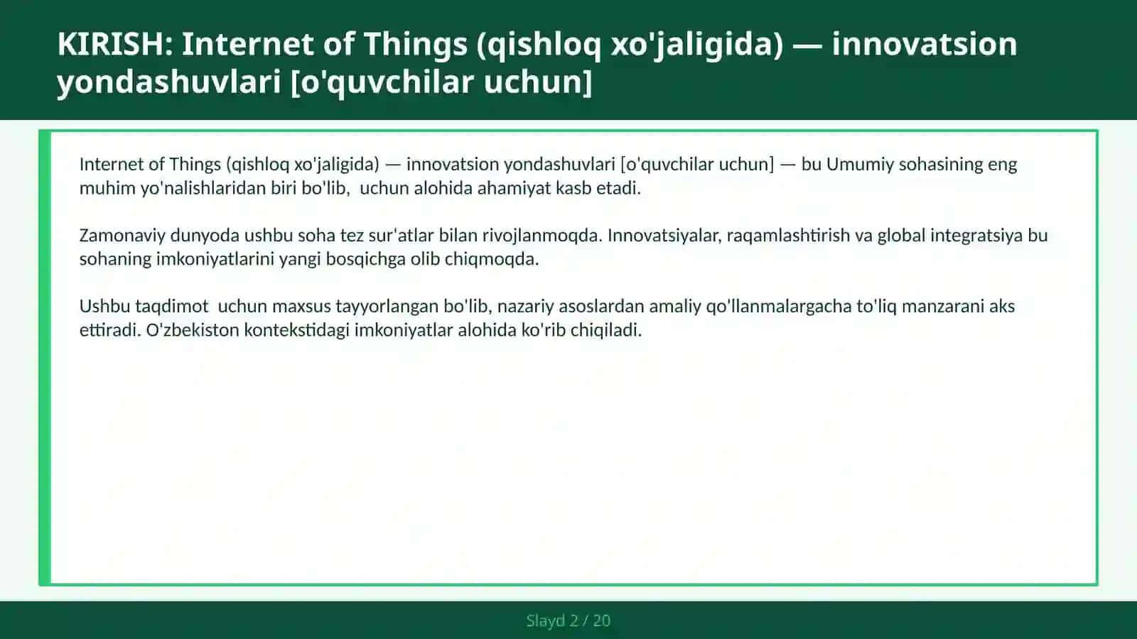 Internet of Things (qishloq xo'jaligida) — innovatsion yondashuvlari [o'quvchilar uchun] 2