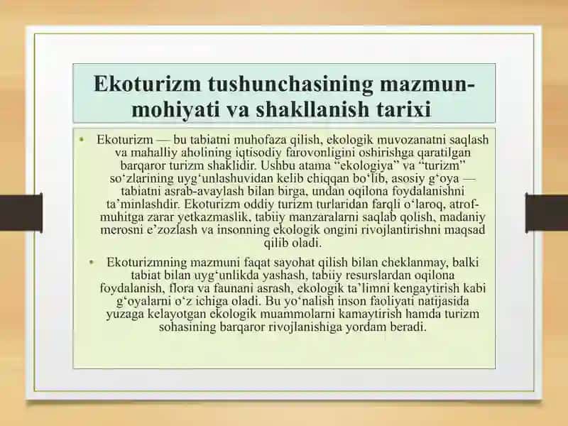 Ekoturizm tushunchasi maqsad va vazifalari 2