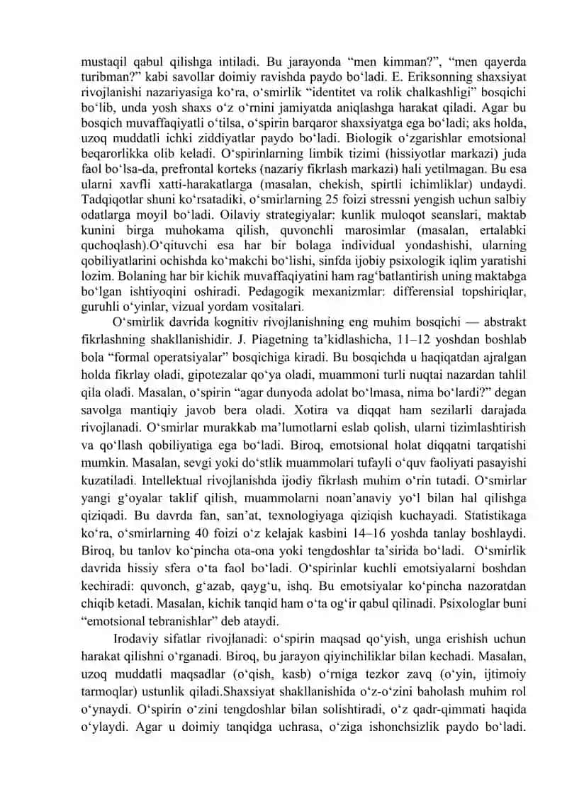 O‘smirlik davrida psixik rivojlanishning umumiy tavsifi 2