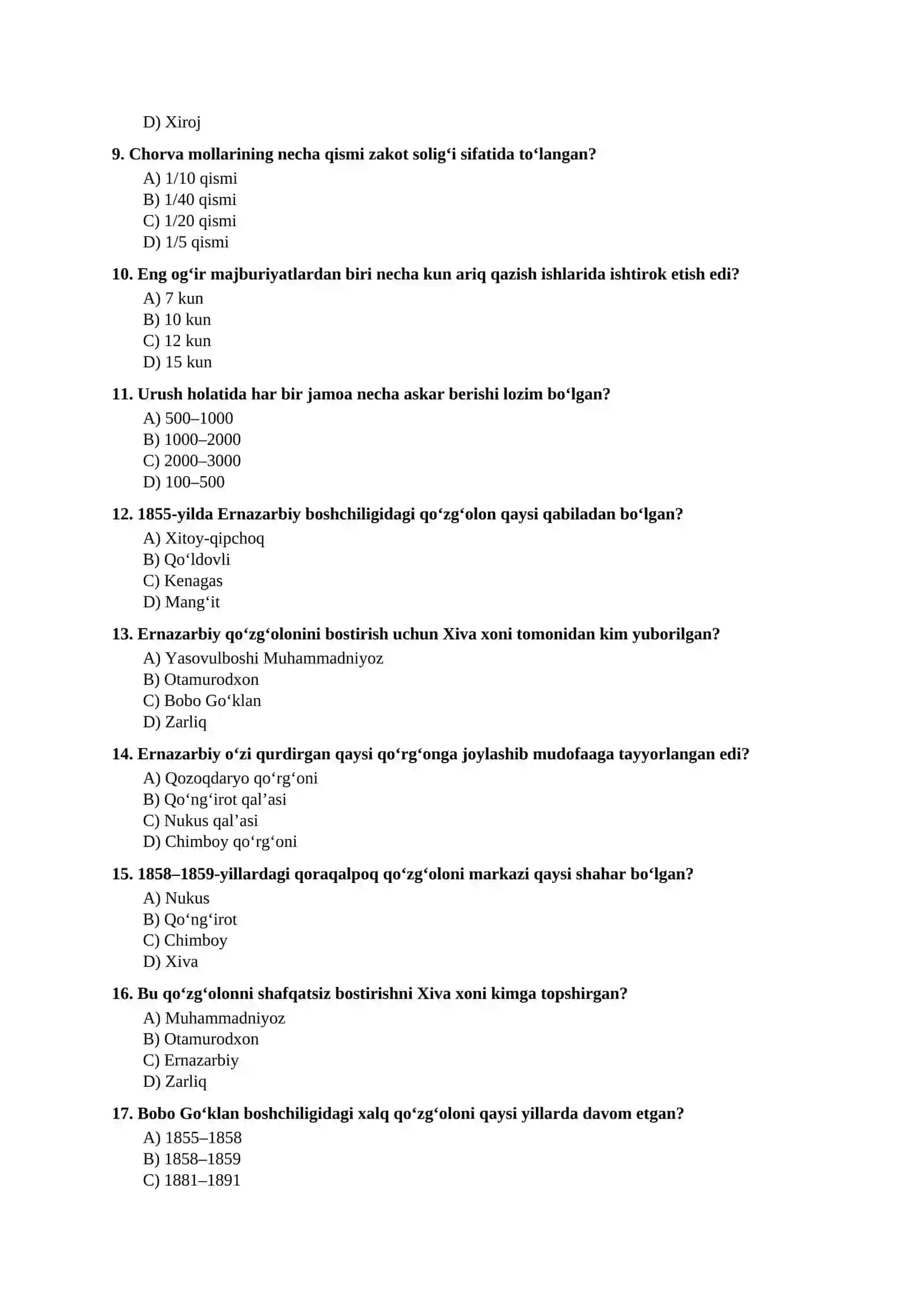 Mavzulashtirilgan testlar | 9-SINF O‘ZBEKISTON TARIXI V boʻlim 2