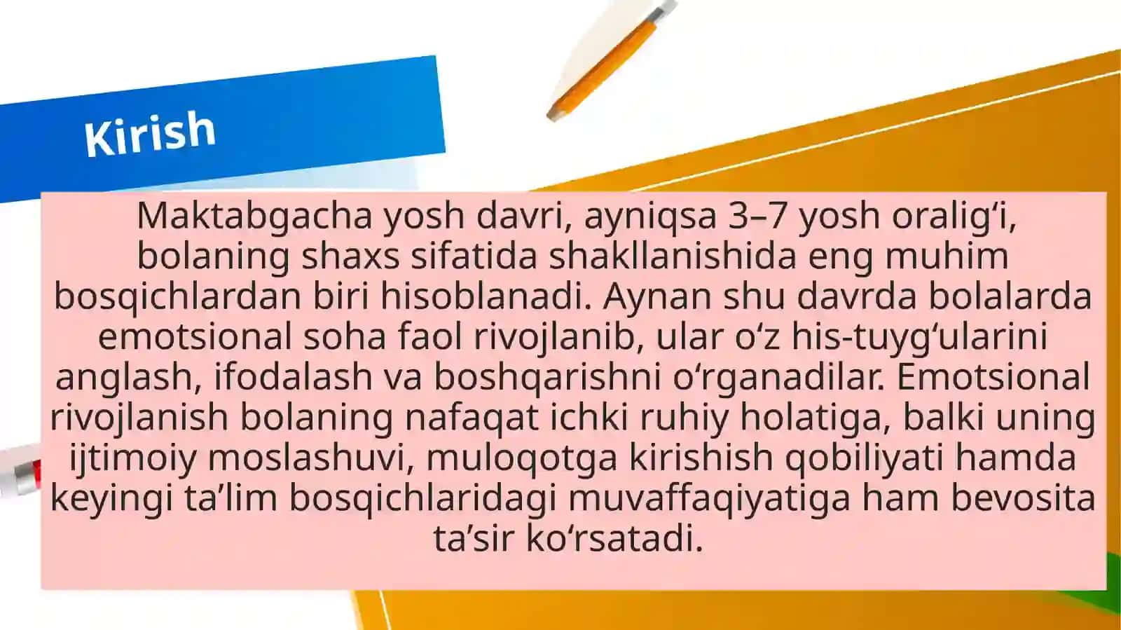 "3-7 yoshli bolalarda emotsional rivojlanishni qo‘llab quvvatlashning pedagogik-psixologik shart-sharoitlari" Malaka ishi 2