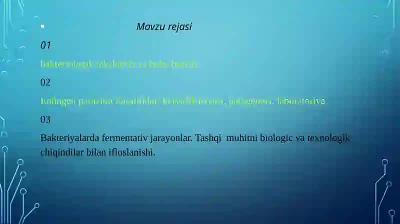 Biologik ashyoni bakterial kontaminasiyasini biokimyoviy usulda aniqlash.Hirurgik,akusher-ginekologik va unga yondosh bo'lgan bo'limlarni sanitar bakteriologik tekshirish va baho berish 2