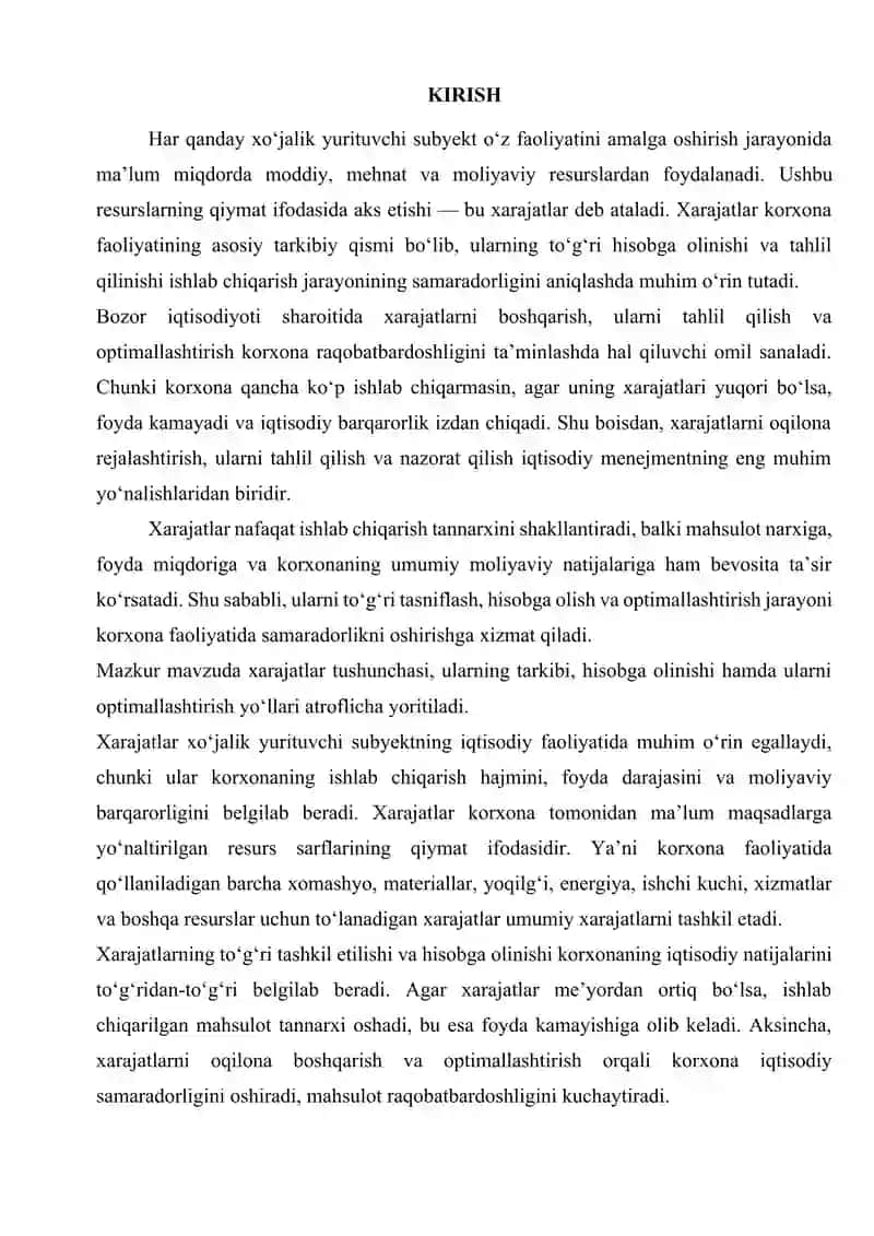 Xarajatlar, xarajatlar tarkibi, ularni hisobga olish, xarajatlarni optimallashtirish. 2