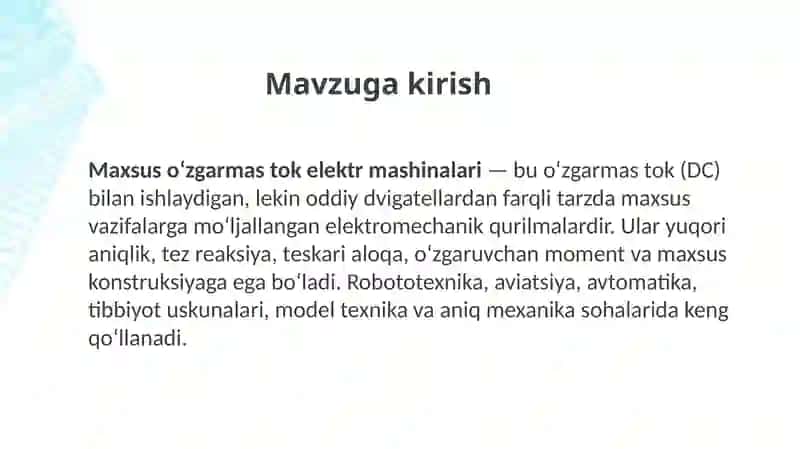 Maxsus o'zgarmas tok elektr mashinalari 2