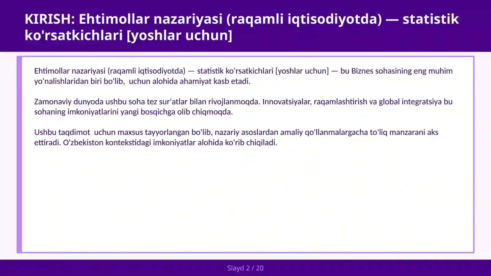 Ehtimollar nazariyasi (raqamli iqtisodiyotda) — statistik ko'rsatkichlari [yoshlar uchun] 2