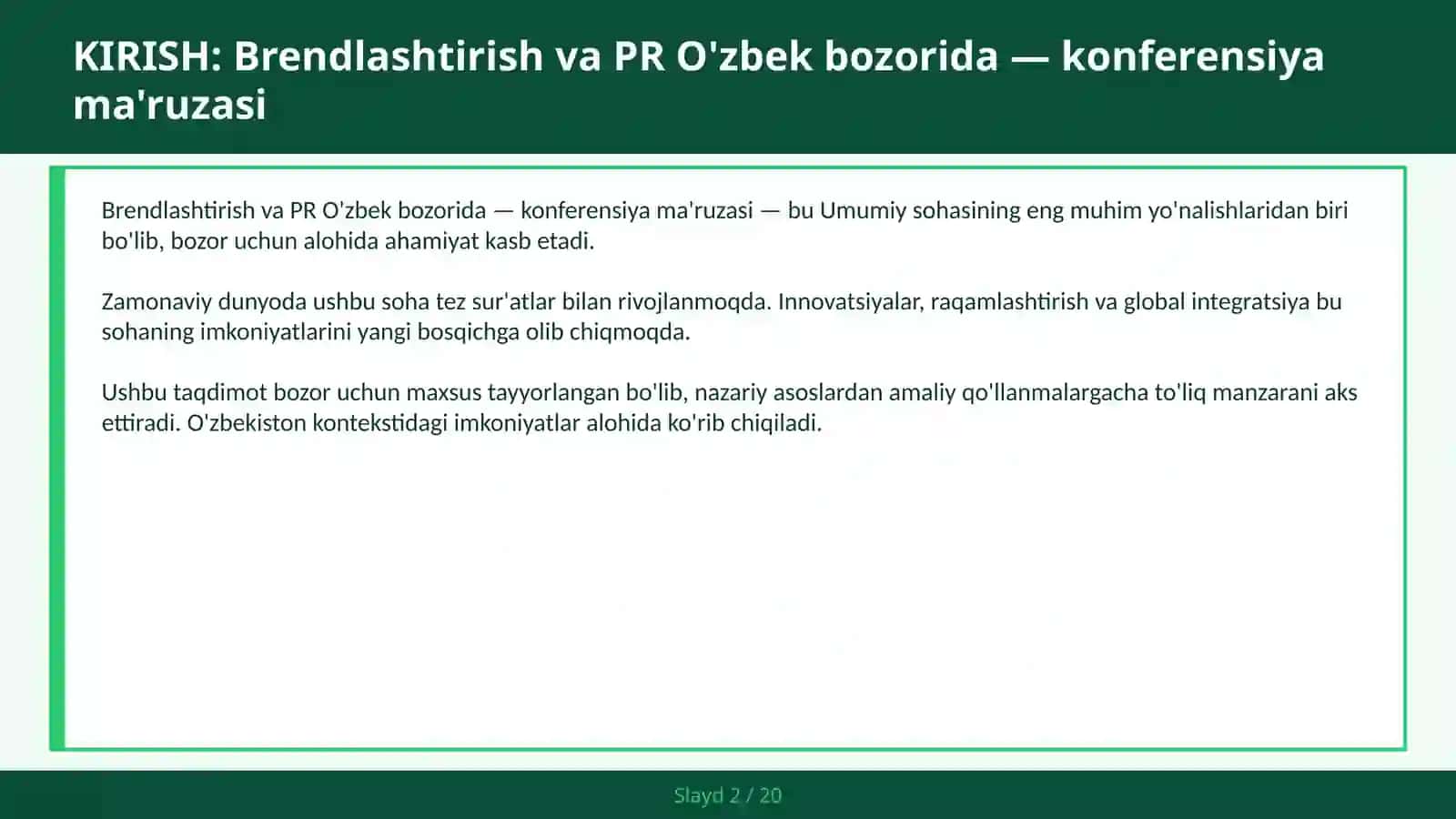 Brendlashtirish va PR O'zbek bozorida — konferensiya ma'ruzasi 2