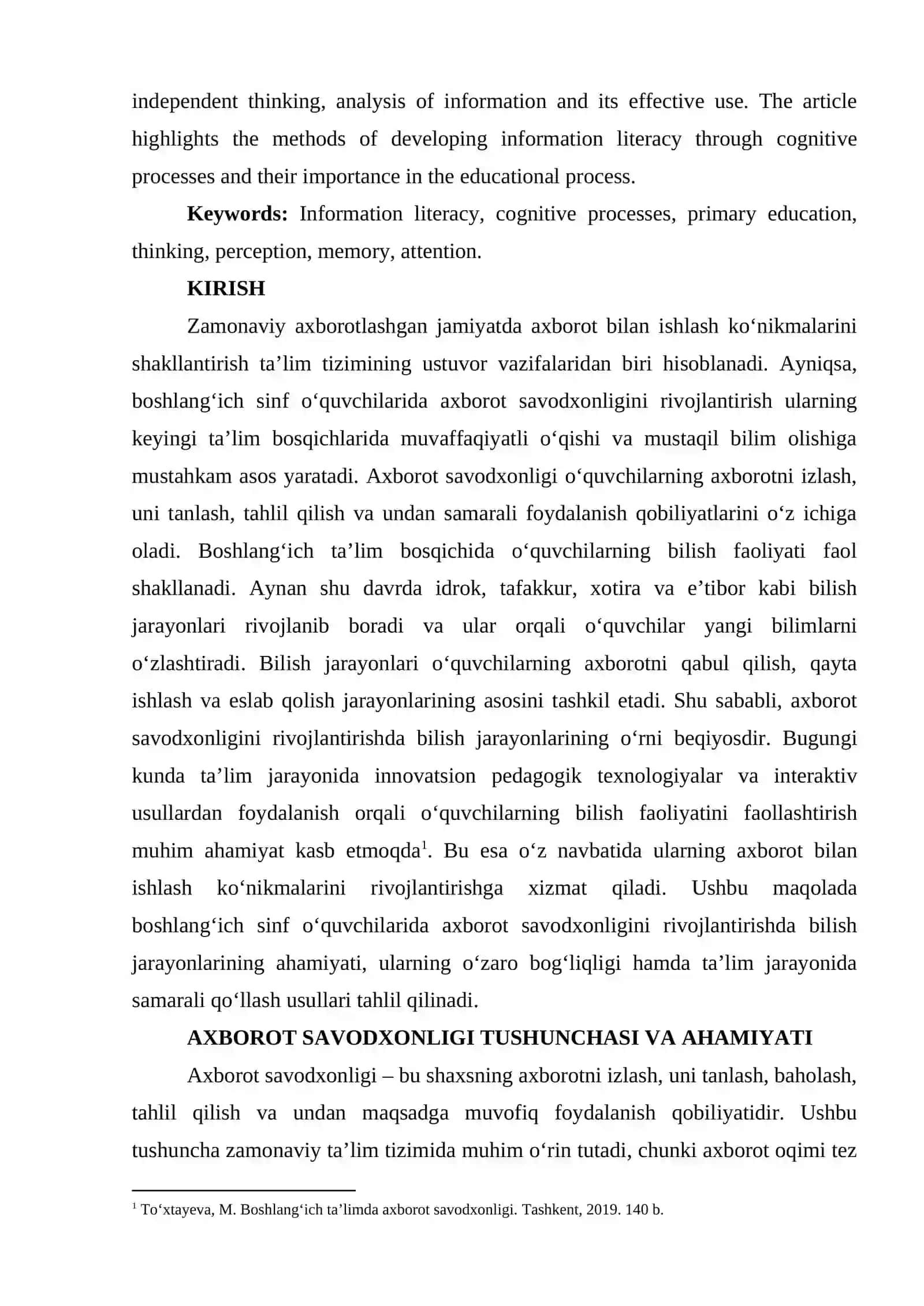 BOSHLANG‘ICH SINF O‘QUVCHILARIDA AXBOROT SAVODXONLIGINI RIVOJLANTIRISHDA BILISH JARAYONLARINING AHAMIYATI 2