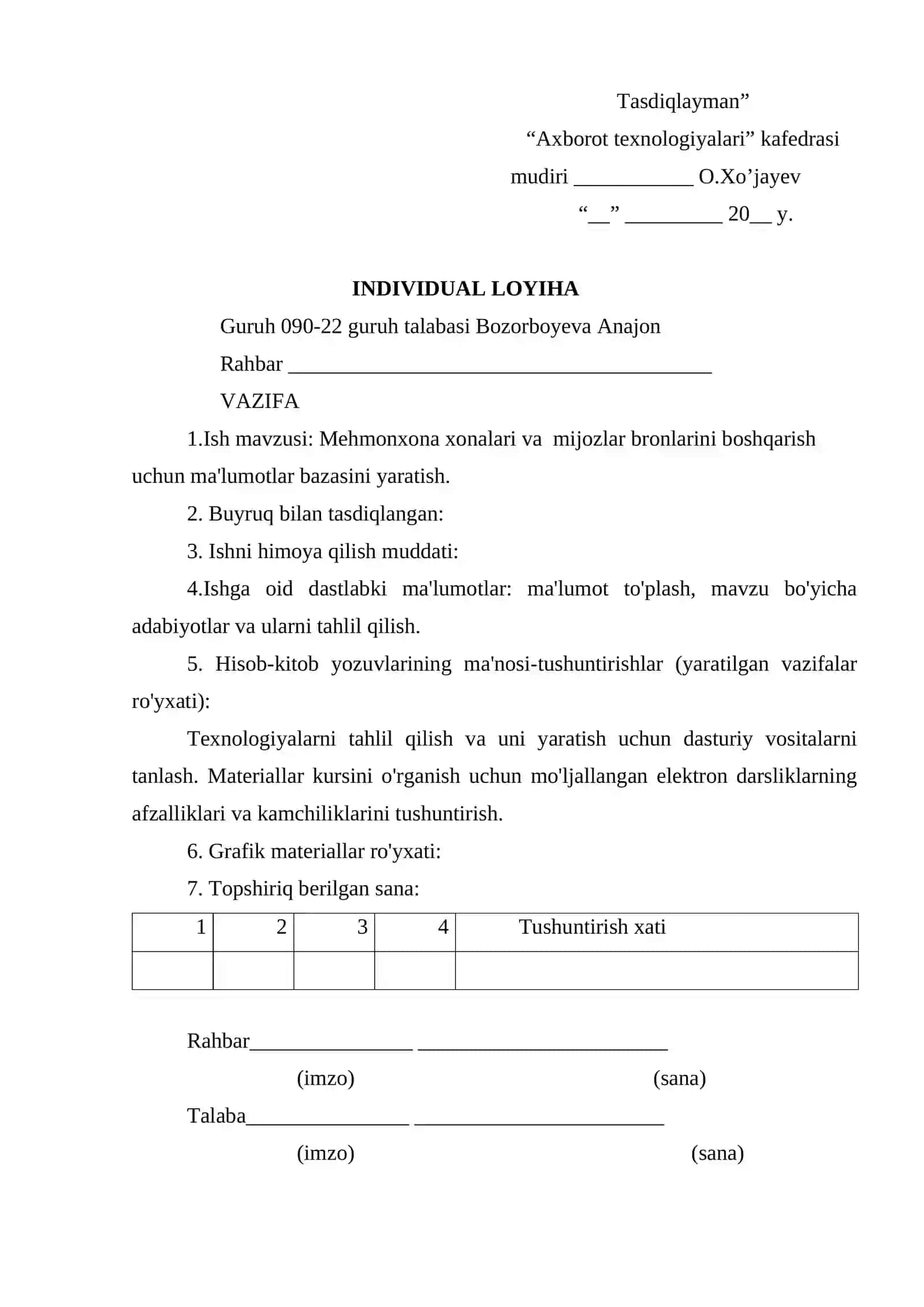 Mehmonxona xonalari va mijozlar bronlarini boshqarish uchun ma'lumotlar bazasini yaratish 2