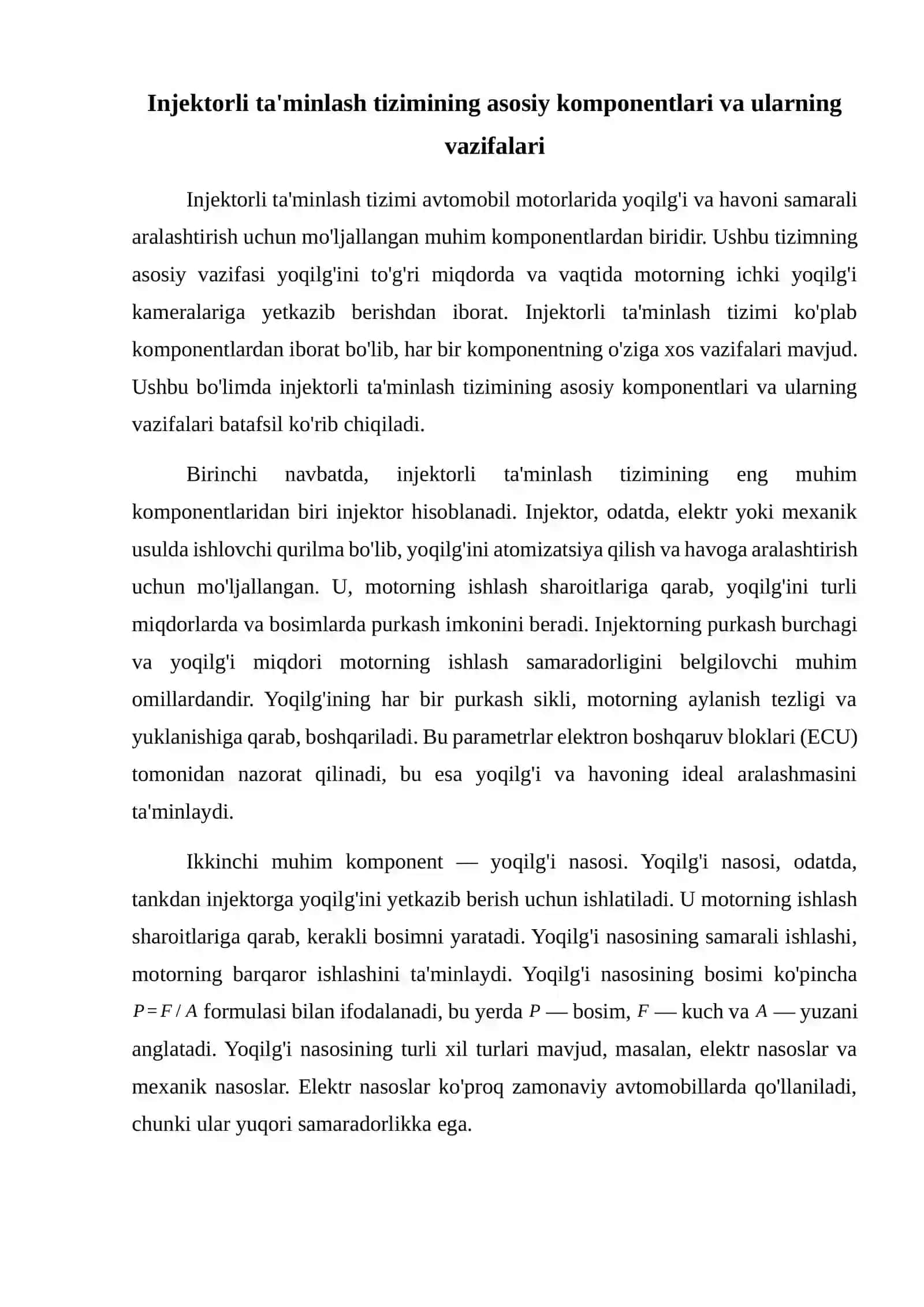 Injektorli ta'minlash tizimining tuzilishi va ishlashi 2