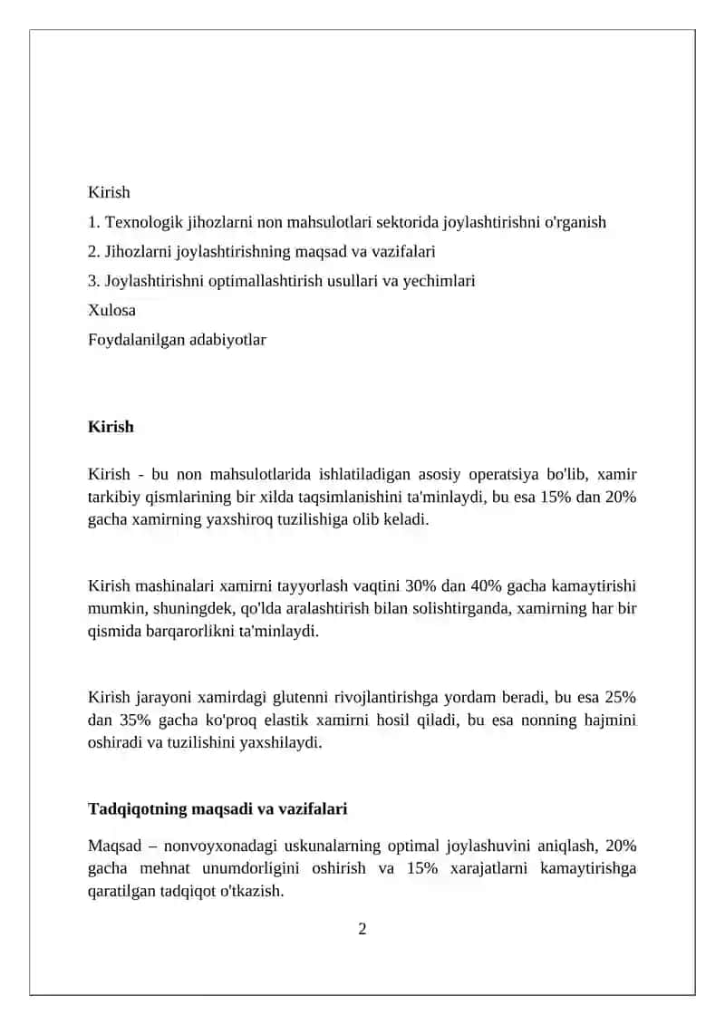 Texnologik jihozlarni non mahsulotlari sektorida joylashtirishni o'rganish 2