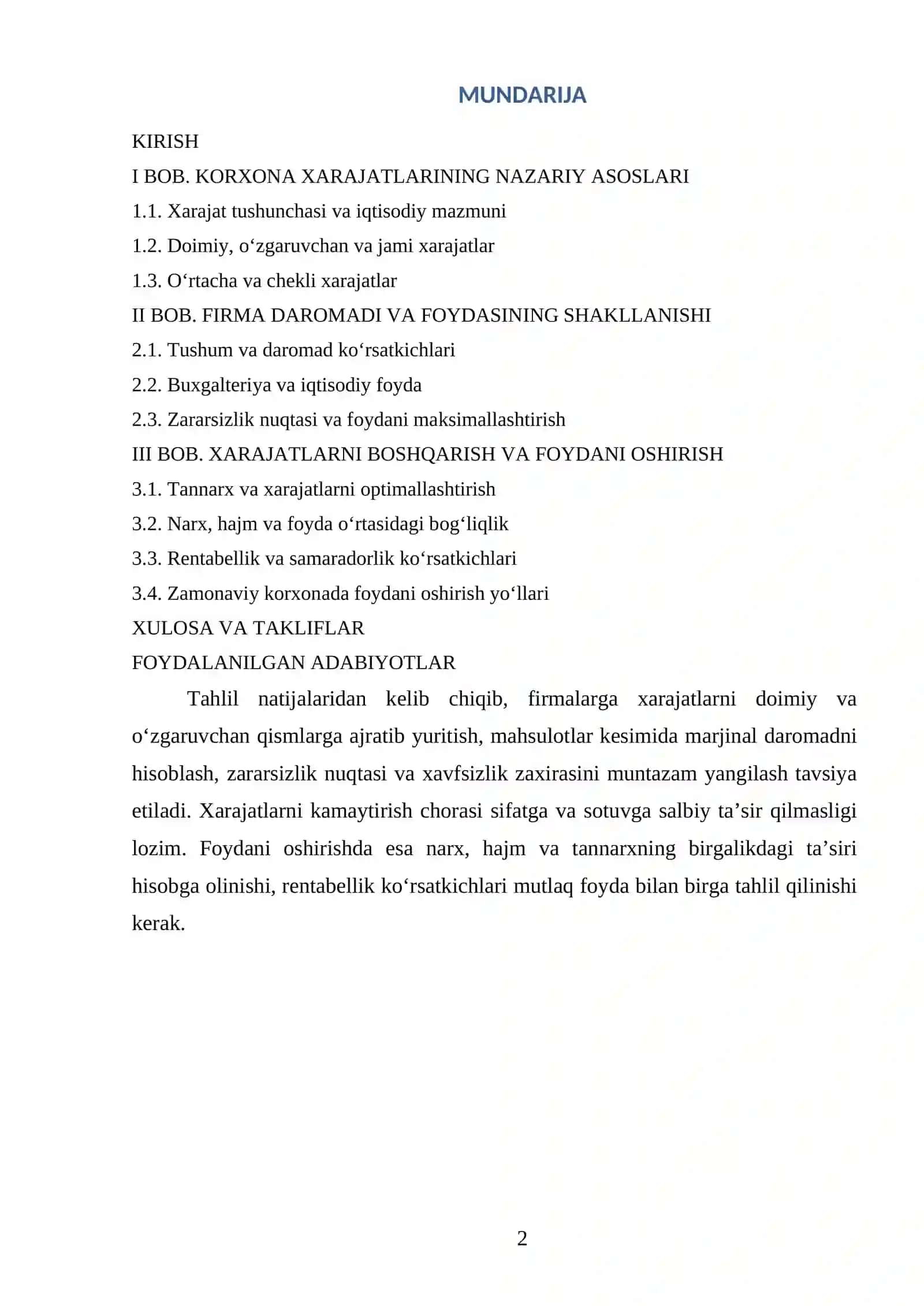 KORXONA (FIRMA) XARAJATLARI VA FOYDASI 2