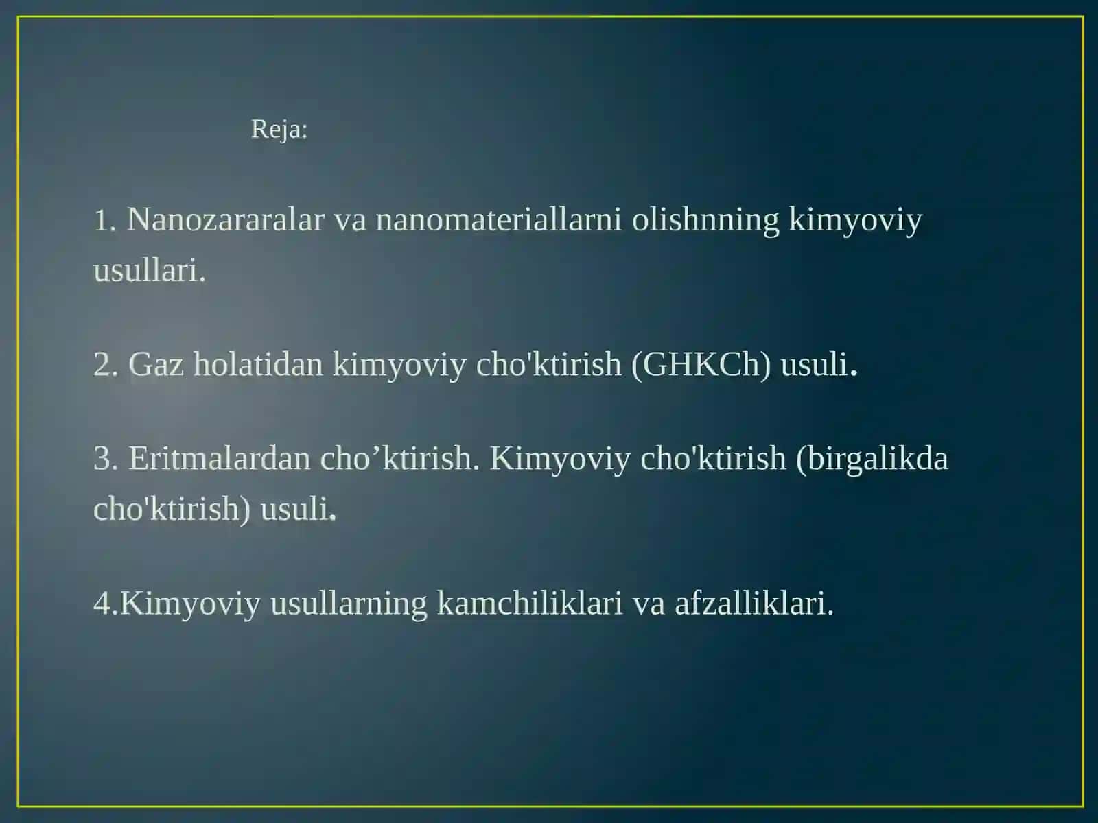 Nanomateriallar olish usullari: Kimyoviy usullar | Fizika prezentatsiya PPT 2