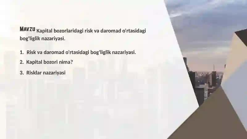 Kapital bozorlaridagi risk va daromad o'rtasidagi bog'liglik nazariyasi. 2