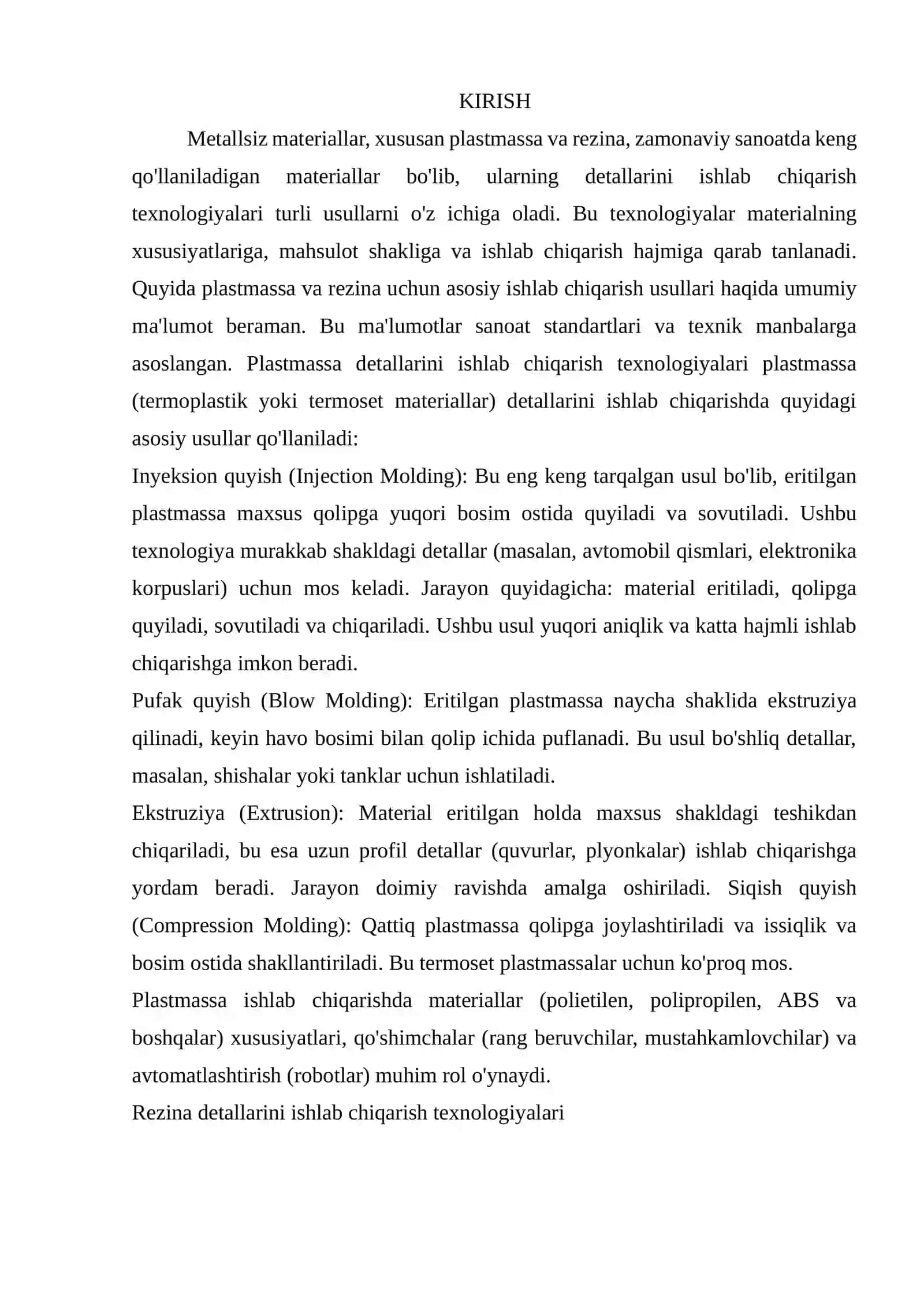 Metallsiz materiallar: plastmassa va rezinadan detallar ishlab chiqarish texnologiyasi 2