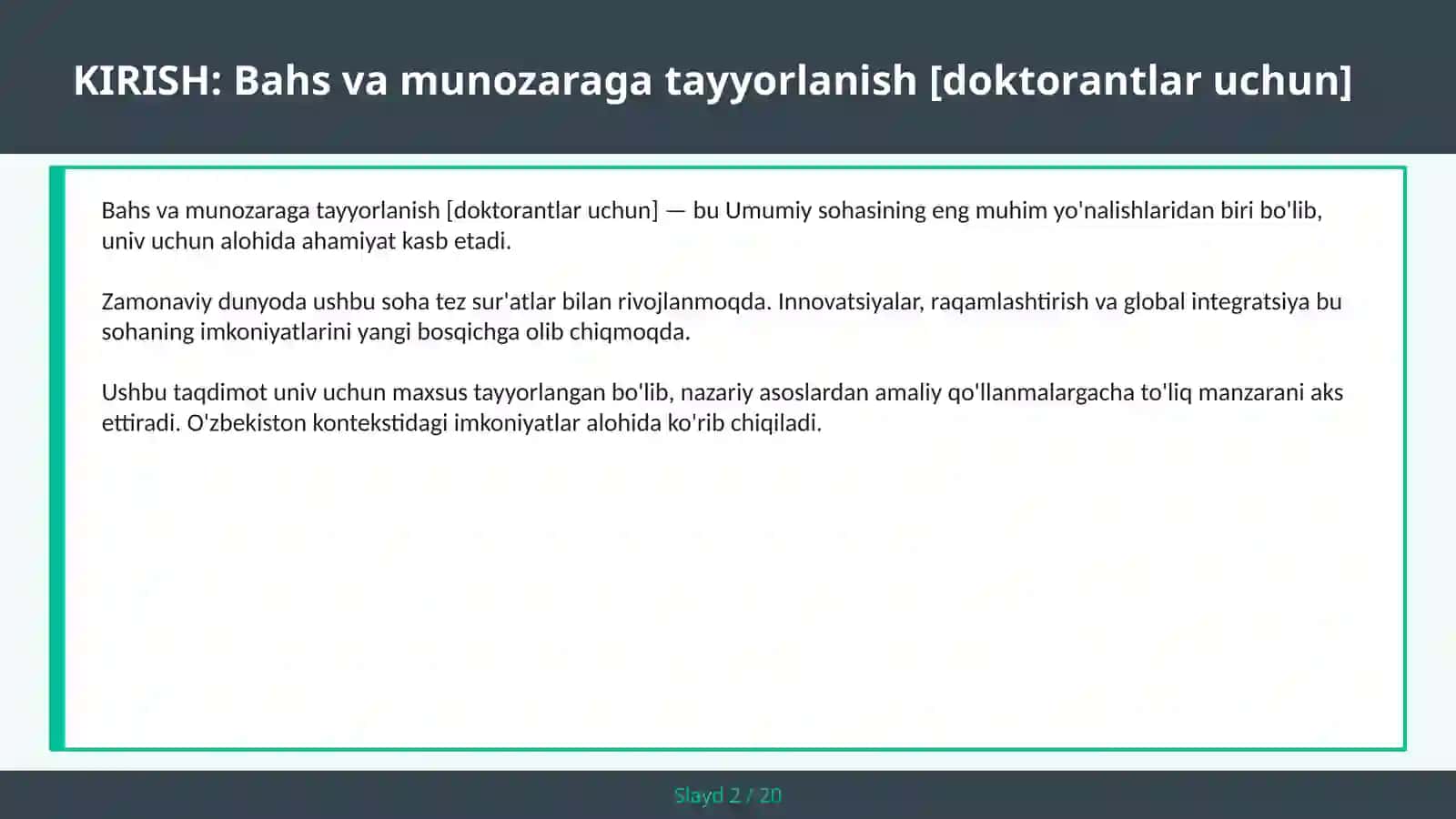 Bahs va munozaraga tayyorlanish [doktorantlar uchun] 2