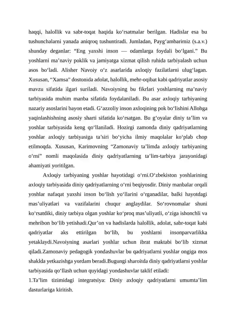 O’ZBEKISTON YOSHLARINING DINIY MANBALARDAGI AXLOQIY TARBIYAGA OID G'OYALARNI O'RGANISHNING AHAMIYATI 2