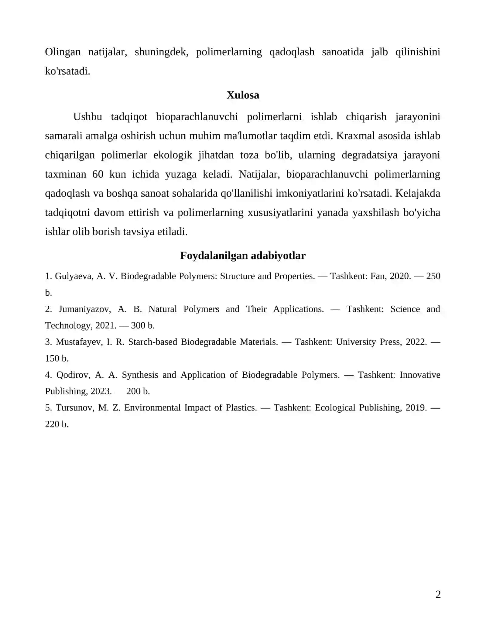 Bioparachlanuvchi polimer ishlab chiqarish kraxmal sintezi asosida 2