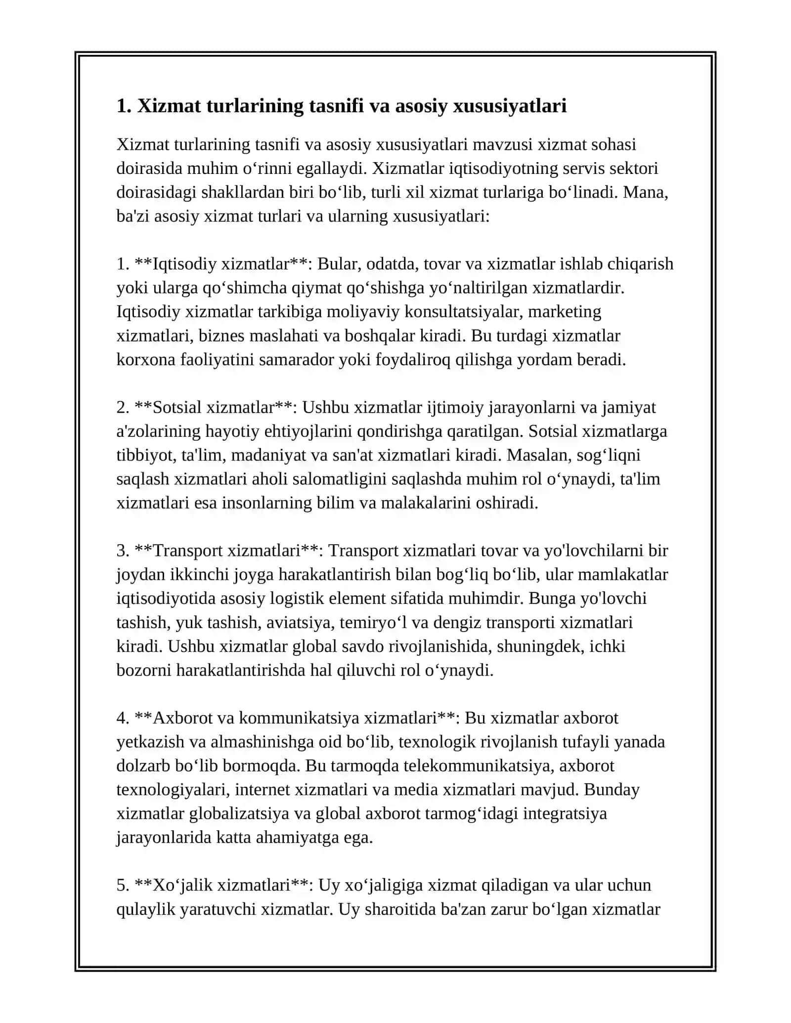 XIZMAT TURLARI VA ULARNI AMALGA OSHIRISH HUSUSIYATLARI 2