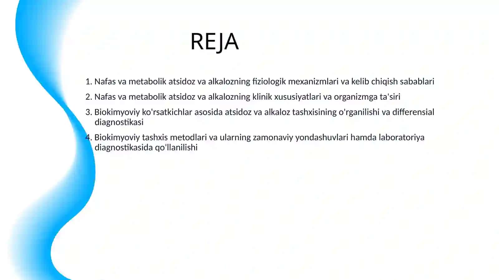 NAFAS VA METABOLIK ATSIDOZ VA ALKALOZKARNI KELIB CHIQISHI, BIOKIMYOVIY TASHXISI 2
