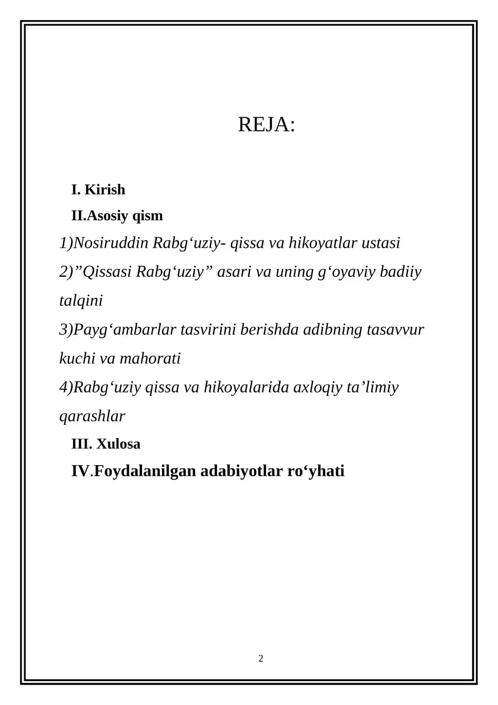“QISSASI RABG‘UZIY (QISSASUL-ANBIYO) O‘ZBEK BADIIY NASRINING ILK NAMUNASI SIFATIDA” MAVZUSIDAGI KURS ISHI 2