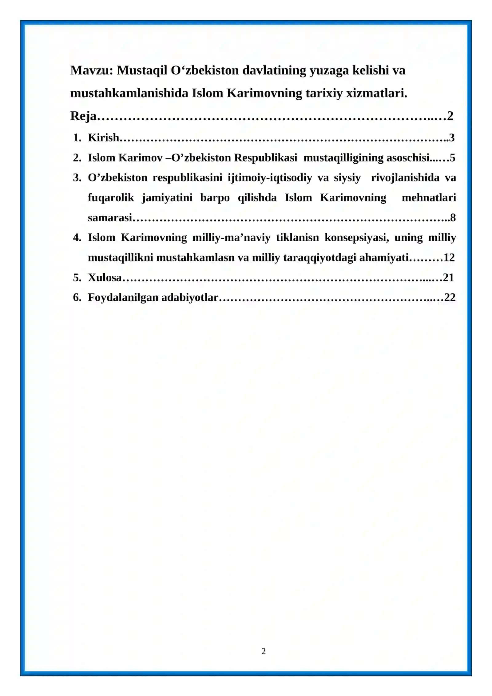 Mustaqil O‘zbekiston davlatining yuzaga kelishi va mustahkamlanishida I. Karimovning tarixiy hizmatlari 2