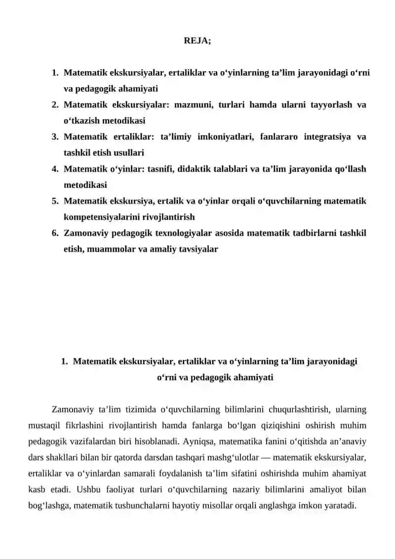 Matematik ekskursiyalar, ertaliklar o‘yinlarni tayyorlash va o‘tkazish metodikasi 2