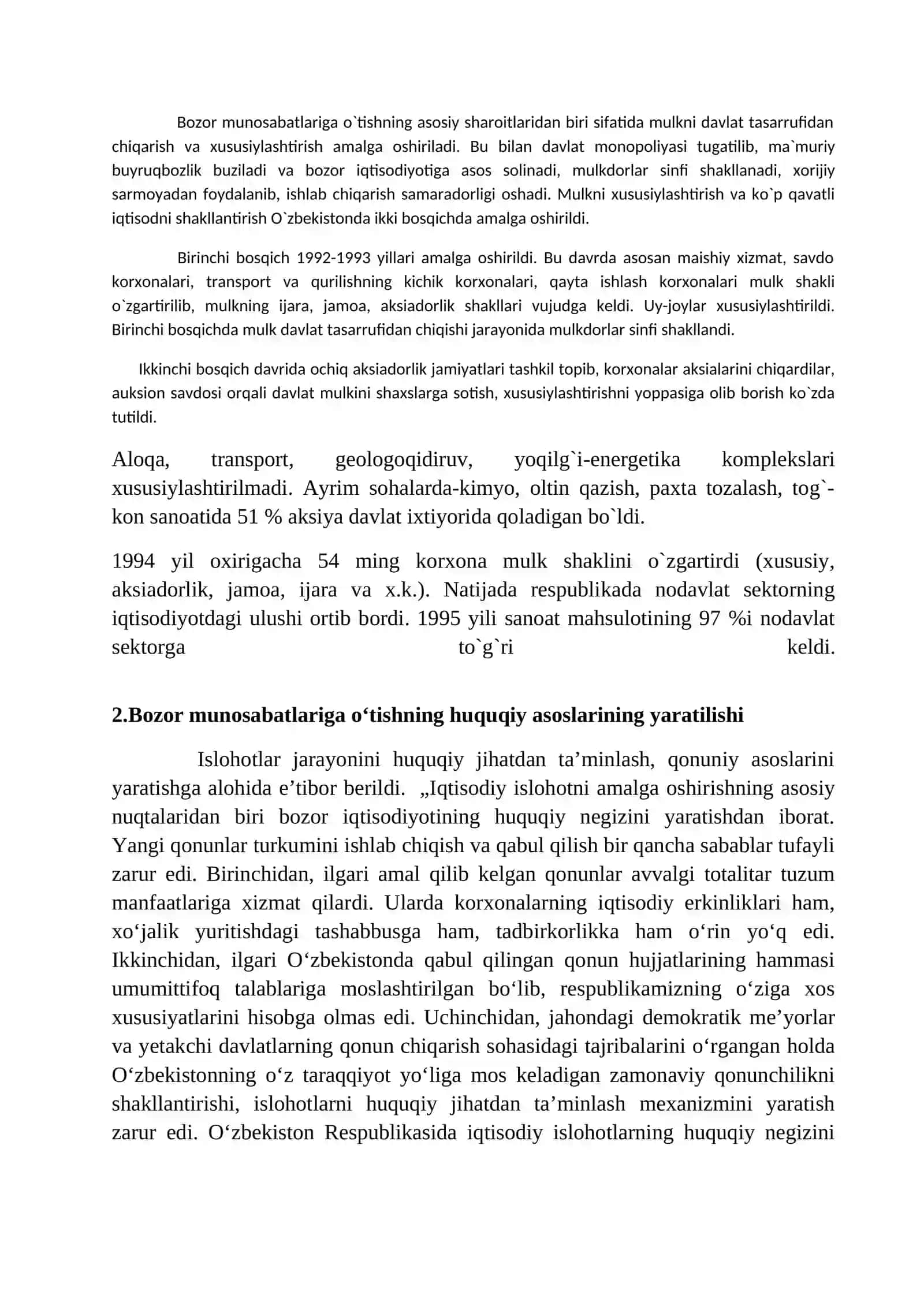Iqtisodiy islohotlar, xususiy mulkchilikning shakllanishi. O‘zbekistonda bozor munosabatlarining rivojlanishi 2