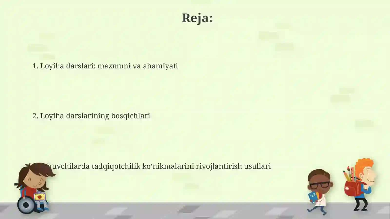 O'quvchilarda o'quv tadqiqotchilik faoliyatini rivojlantirish uchun loyixa darslari amaliyoti 2