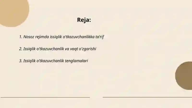 Nostatsionar rejimda issiqlik oʻtkazuvchanlik. Oʻxshashlik nazariyasi va kriteriylari. Oʻxshashlik turlari. Katta tezlikda oqimning issiqlik almashinishi 2