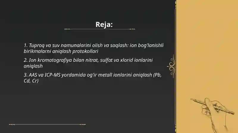 Tuproq va suvning ifloslanishida ion bog'lanishli birikmalarni aniqlanib,ulardan tozalash usulini ko'rib chiqish 2