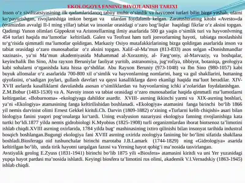 EKOLOGOYA FANING RIVOJLANISH TARIXI 2