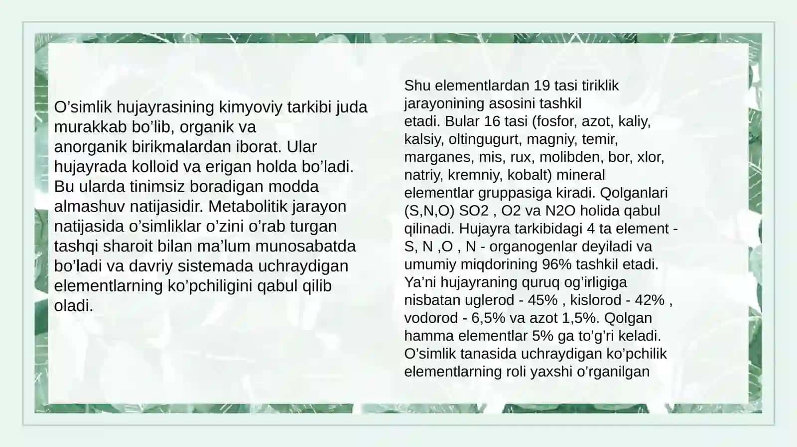 Hujayraning Kimyoviy Tarkibi 2